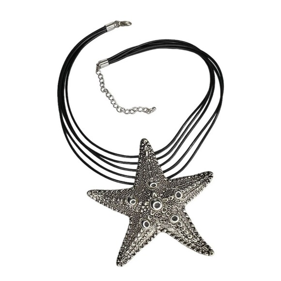 Vintage Pewter and Leather 16" Starfish Necklace Stylized Knobby Sea Star - Picture 5 of 5